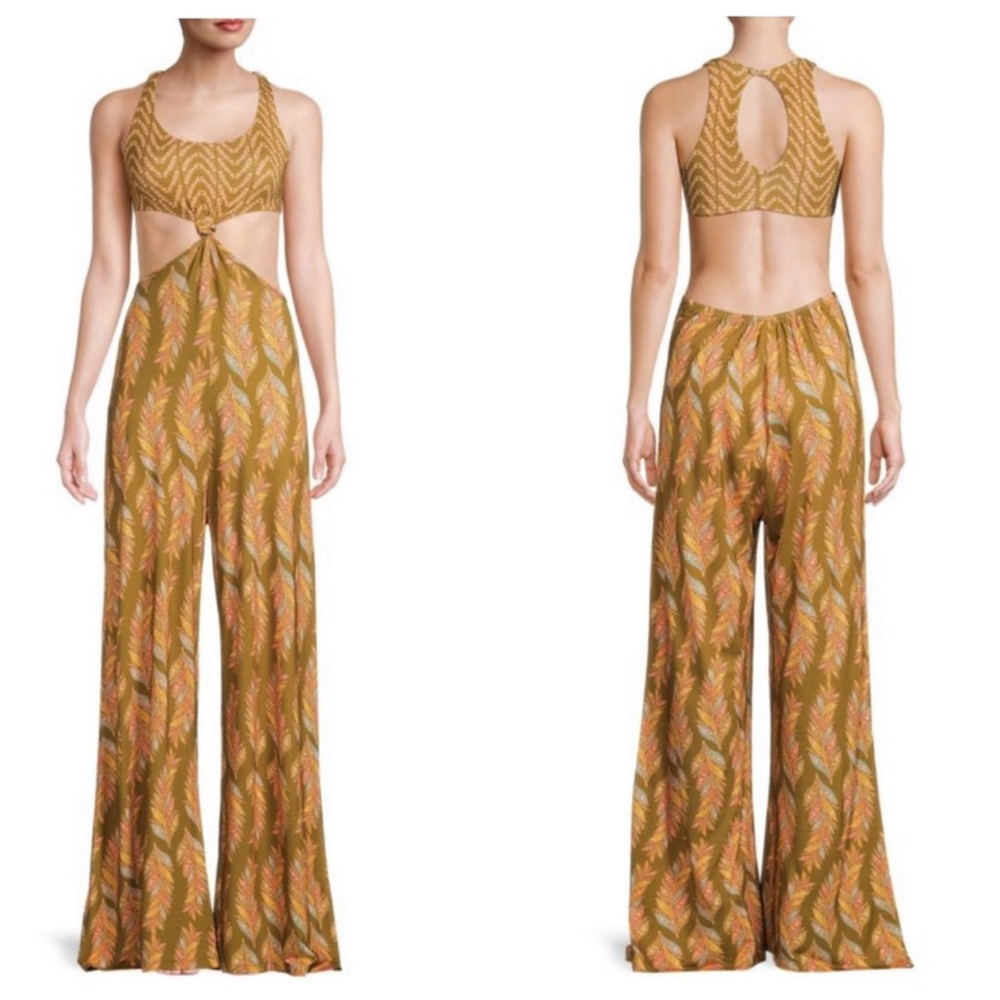 Agua Bendita Olive & Coral Printed Cutout Jumpsuit